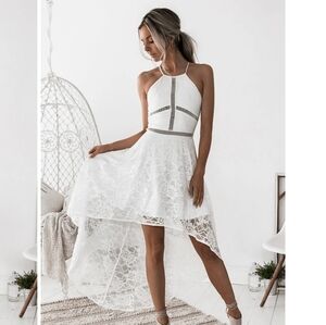 White Lace High-Low Halter Dress